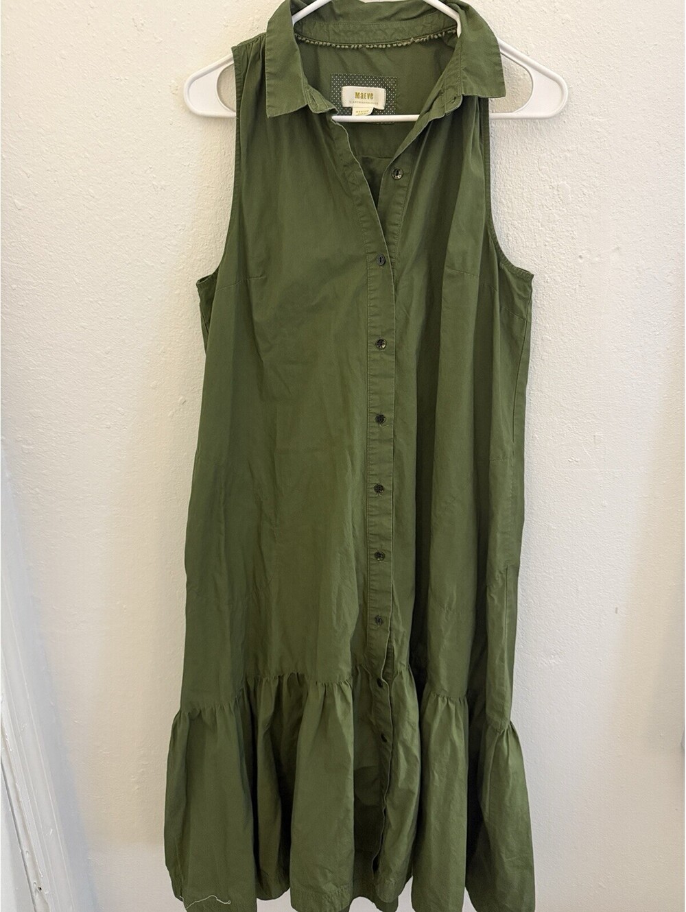 Maeve Anthropologie Green Sleeveless Button Front Ruffle Hem Dress Medium